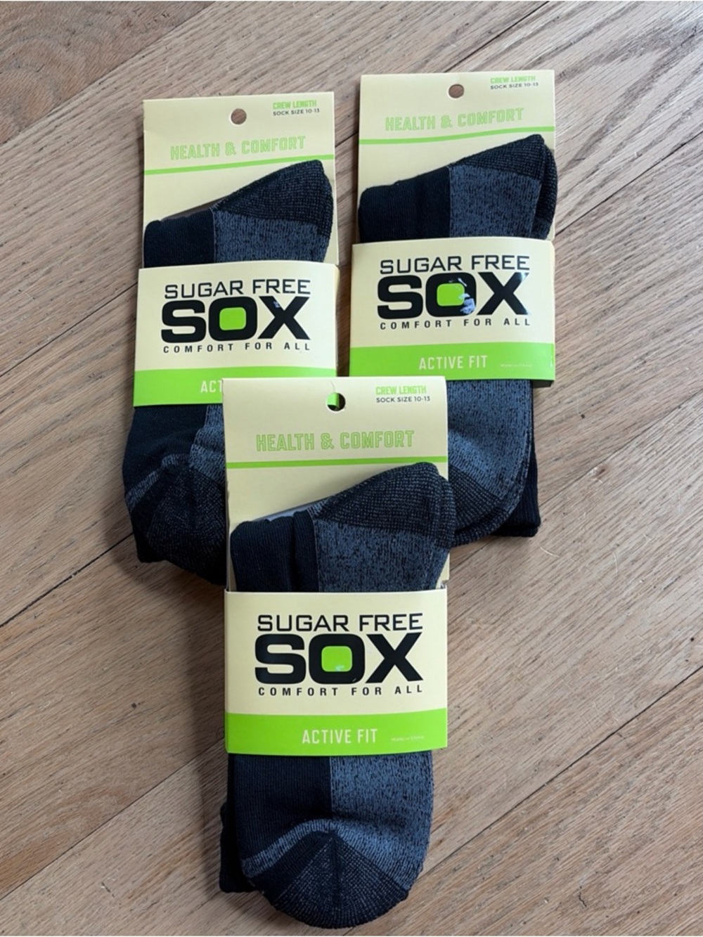 Lot Of 3 Sugar Free Sox Crew Length Health & Comfort Active Fit Black Gray Socks
